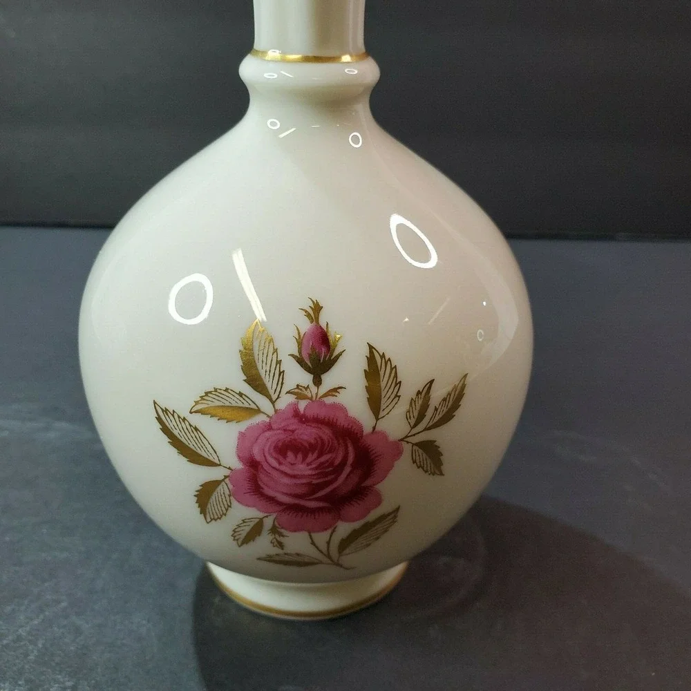 Vintage LENOX Bud Vase RHODORA Pattern Cream w/ Rose & Gold Trim 8